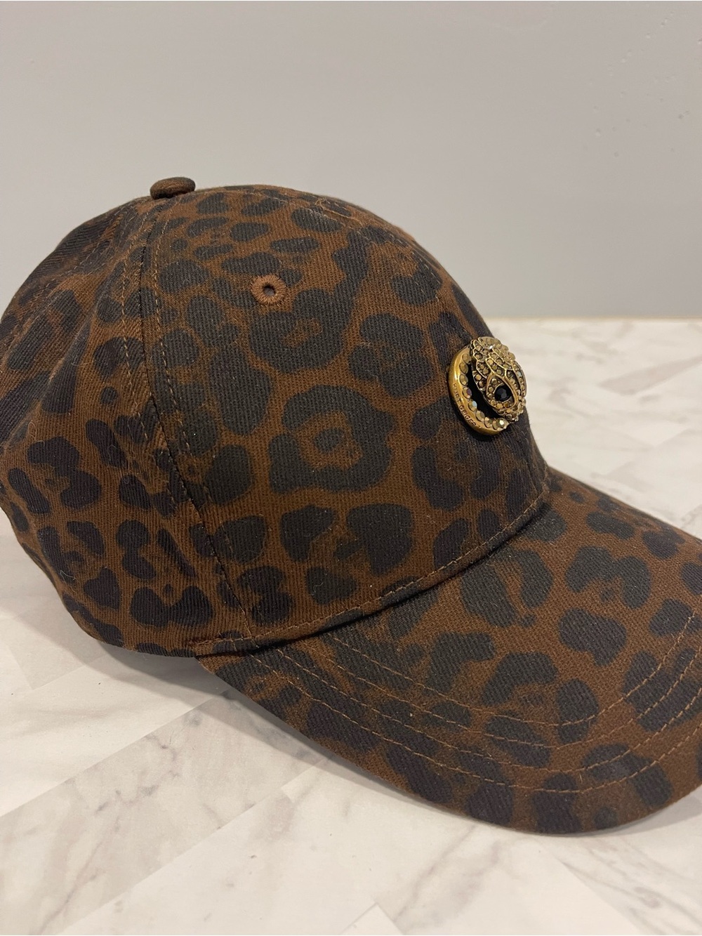 Kurt Geiger Leopard Print Brown and Black Ball Cap with Rhinestone’s/Gold Emblem - Picture 3 of 12